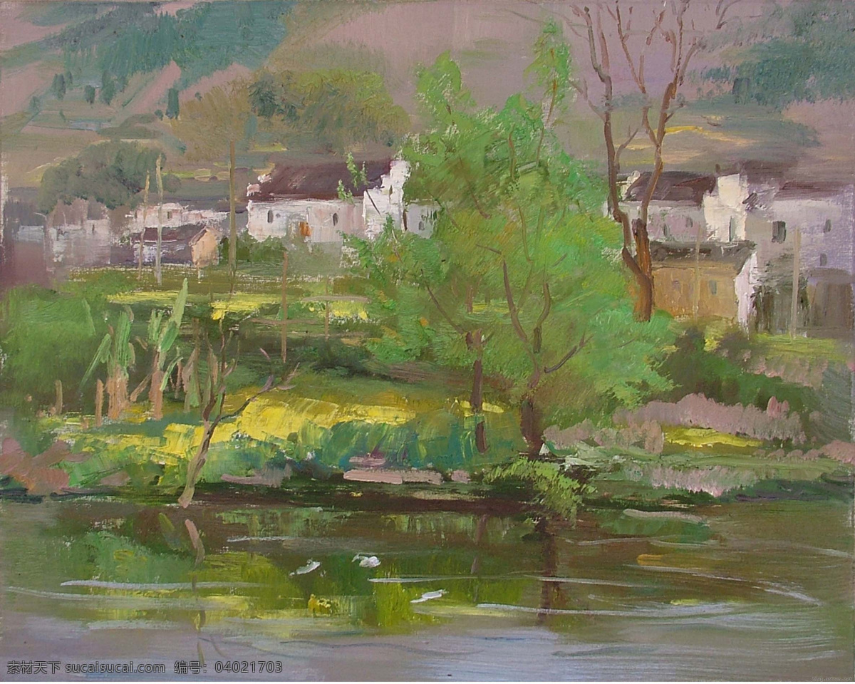 村庄 风景 风景油画 河畔 绘画 绘画书法 文化艺术 艺术 油画作品 油画 油画风景 油画创作 油画写生 家居装饰素材 山水风景画