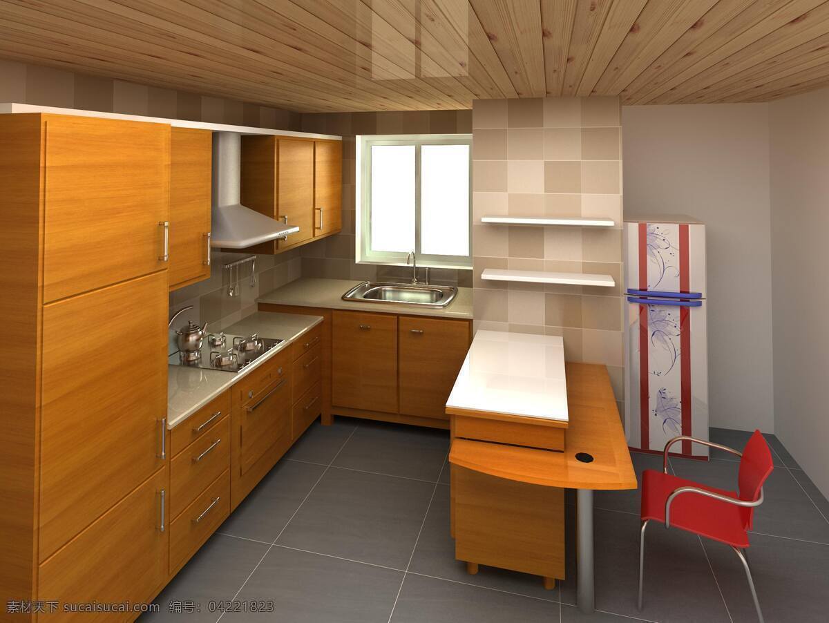 厨房 效果图 环境设计 室内设计 设计素材 模板下载 木质天花板 灰色 大理石 地板 木质橱柜 小型餐桌 简洁空间 家居装饰素材