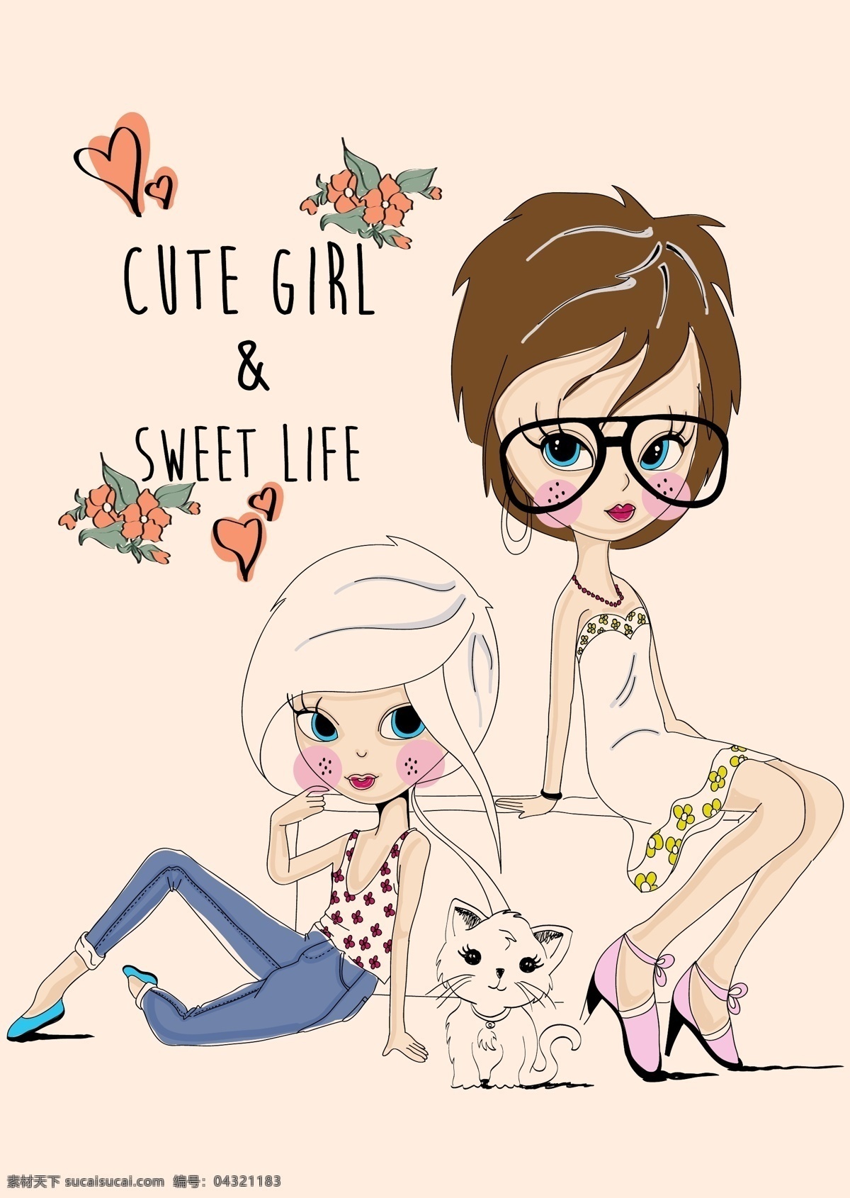 时尚女孩 女孩 花朵 小猫 魅力女孩 美丽女孩 城市女孩 时尚插画 人物矢量 矢量 背景底纹
