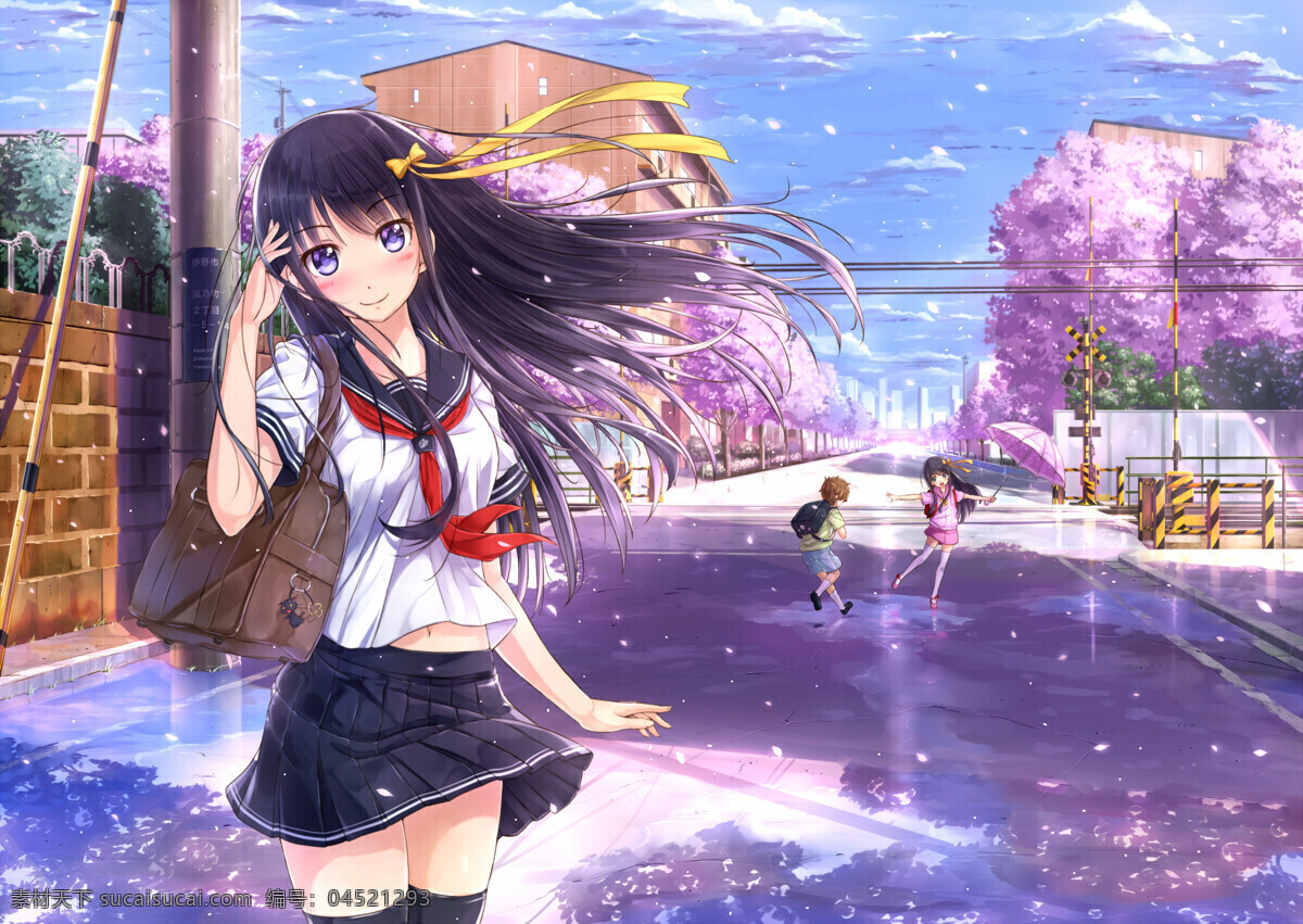 动漫少女 少女 校服 雨后 积水 玩耍 追逐 樱花 街道 动漫人物 动漫动画
