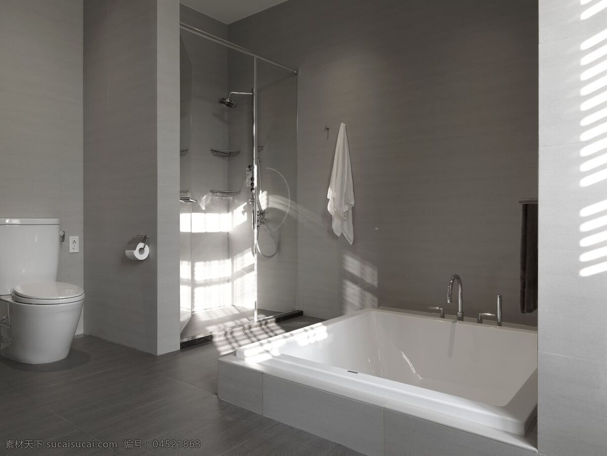 简约 卫生间 浴缸 装修 效果图 马桶 灰色墙壁 窗户 灰色地板砖