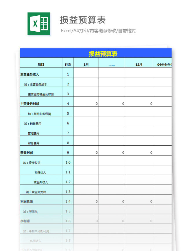 损益 预算表 excel 模板 表格模板 图表 表格设计 表格