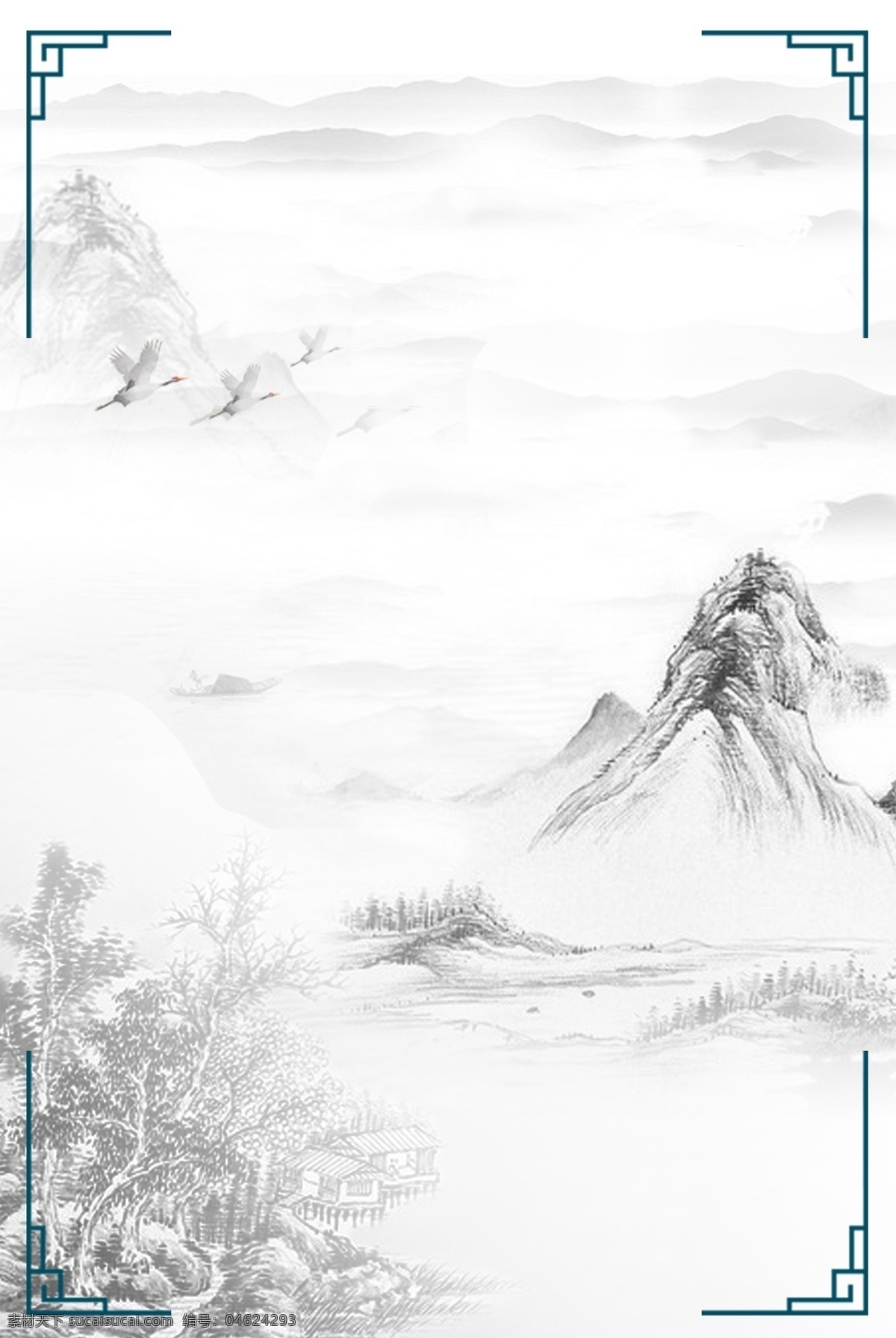 大气 手绘 山河 边框 背景 中国风 简约 大树 中国风背景 彩绘 手绘背景 山顶