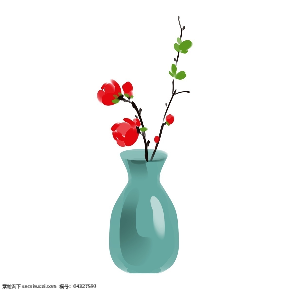 绿色 瓷瓶 插花 插画 红色花朵 花卉 植物 瓷器 陶瓷 绿色瓷瓶 手绘瓷瓶 瓷瓶插花插画 绿色的叶子
