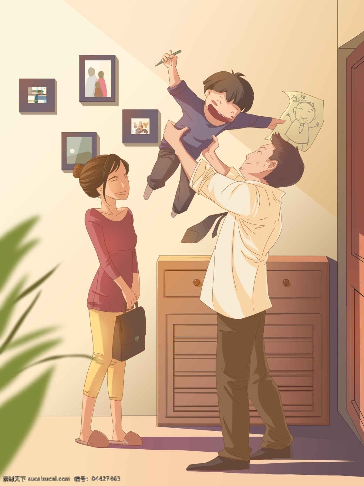 父亲节 家庭 插画 父亲 孩子 举高高 父爱 三口之家 母亲