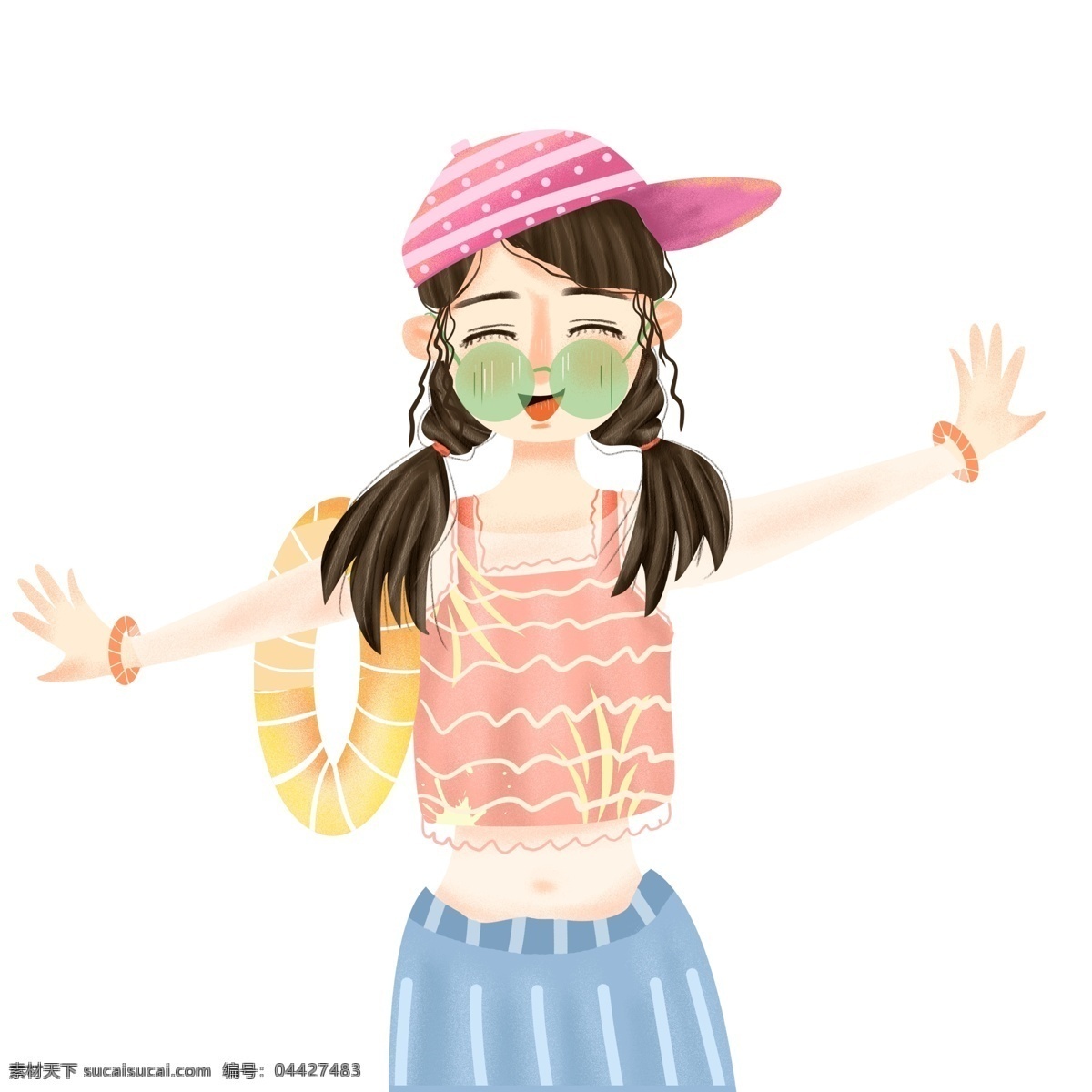 清新 可爱 穿着 泳衣 女孩 夏季 人物 游泳圈 太阳帽 度假 手绘设计