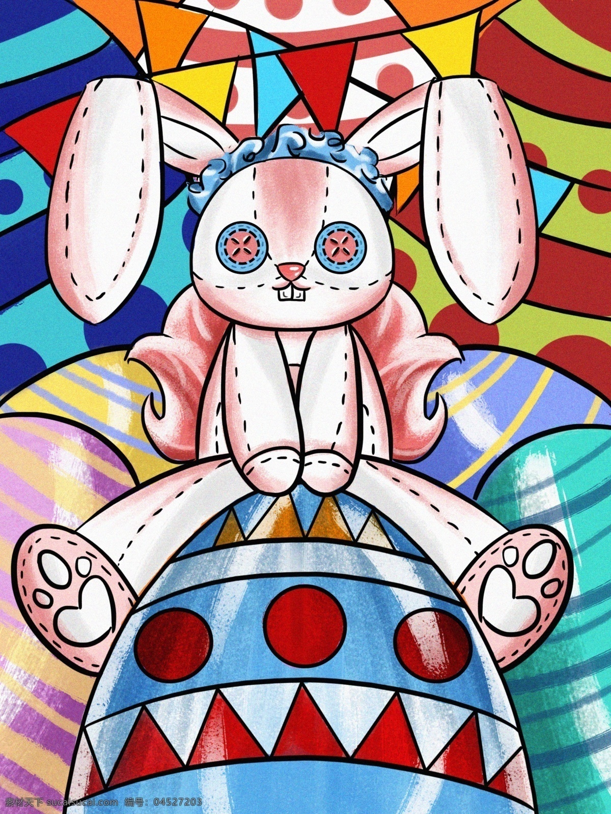 复活节 只 坐在 复活 蛋 上 兔 玩偶 儿童 插画 娃娃 复活蛋 撞色 卡通风