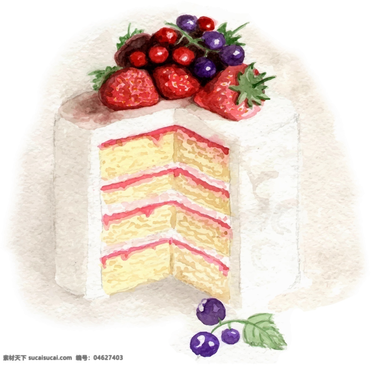 草莓 插画 蛋糕 静物 美味 食品 手绘 水彩绘 水果 水彩 绘