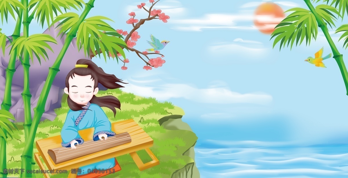 简约 卡通 可爱 竹 里 馆 弹 古筝 场景 插画 诗词 文化 绘本 古代 人物 儿童 冷色调
