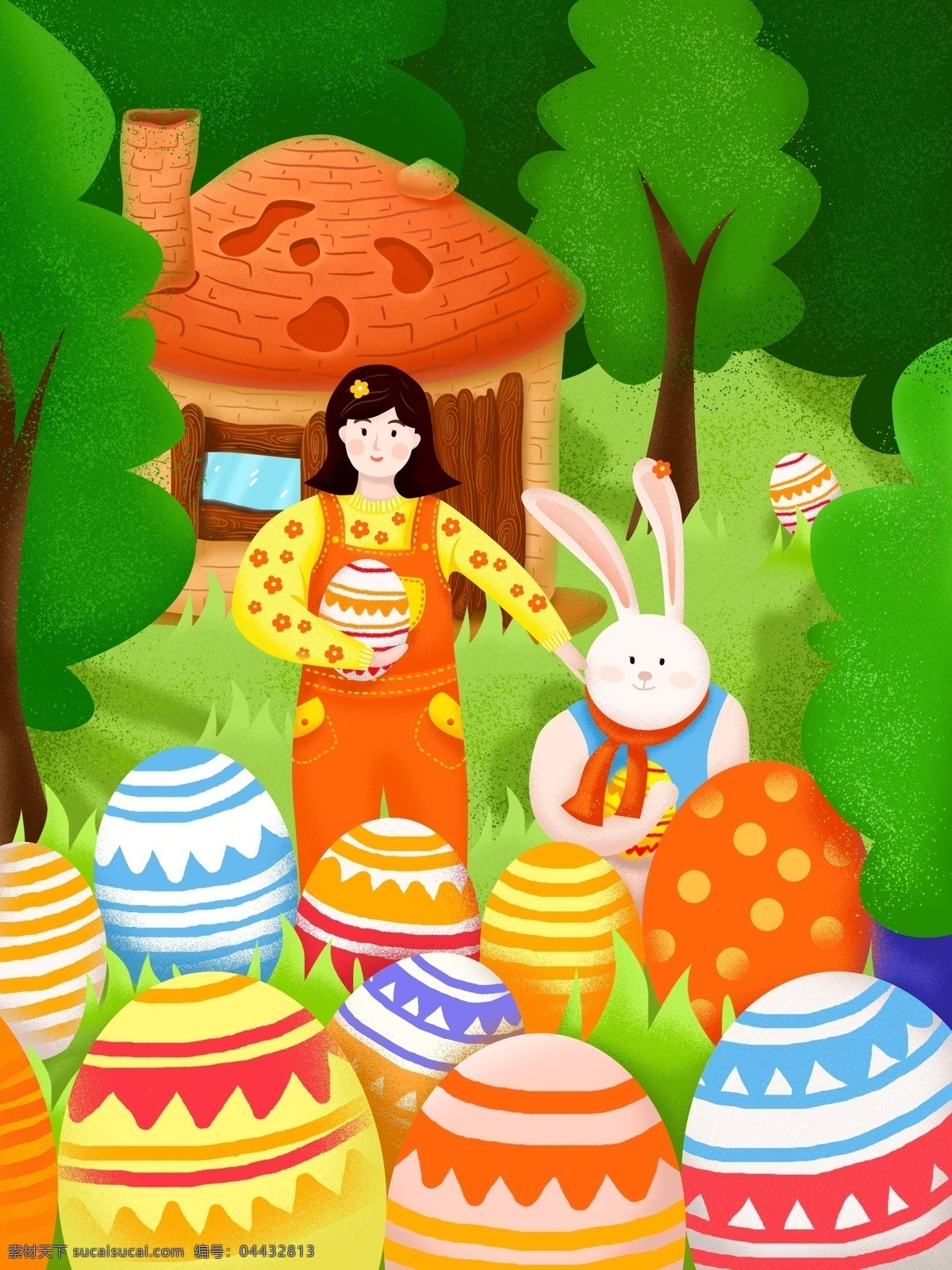 复活节 兔子 彩蛋 女孩 欢度 派对 节日 插画 小木屋 插图 噪点 肌理 手绘 原创