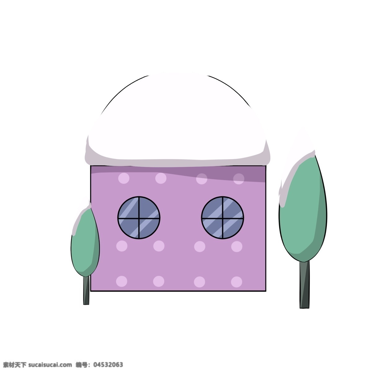 卡通 紫色 雪屋 插画 卡通房屋 紫色房子 绿色卡通树 美景 冬天 雪屋插画 落雪的绿树 白色的雪 可爱的屋子