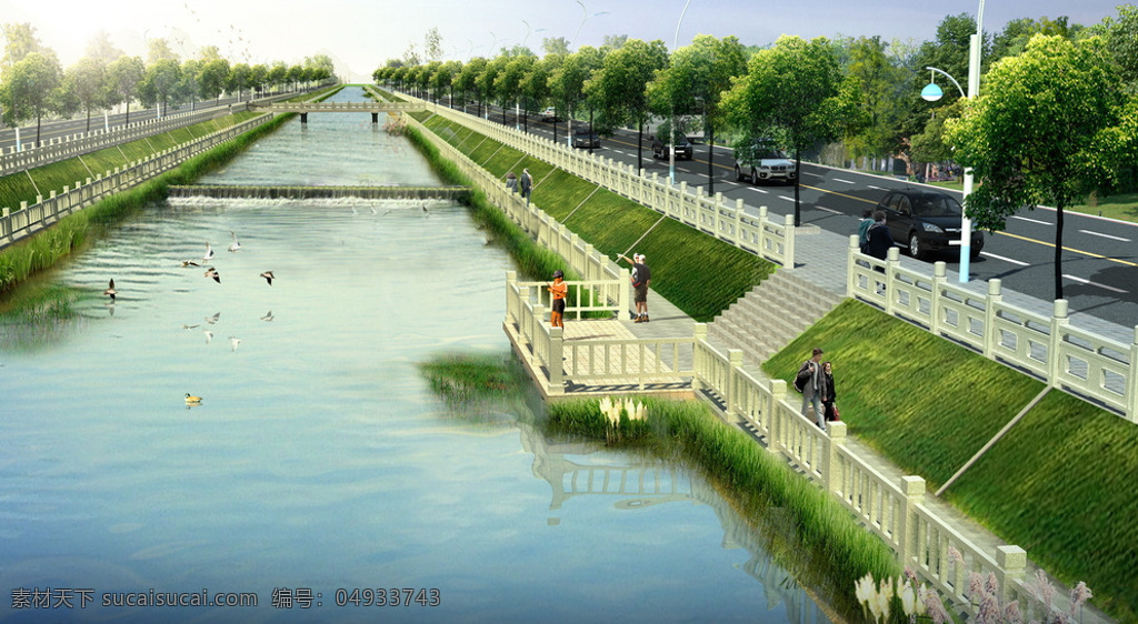 河道景观设计 河道 景观 滨水 堤岸 平台 分层 绿色