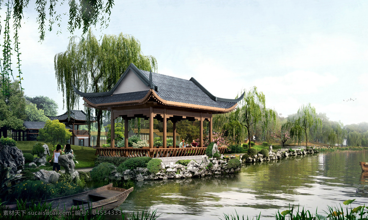 景观亭子 建筑透视图 亭子设计 公园景观效果 水景效果 小船 杨柳树 景观设计 环境设计
