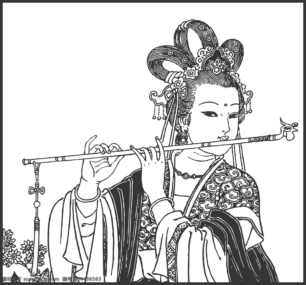 人物 女子 高贵 优雅 插画 装饰 线条 矢量 吹笛 乐器 表演 植物 花卉 白描 仕女白描图 人物图库 女性妇女