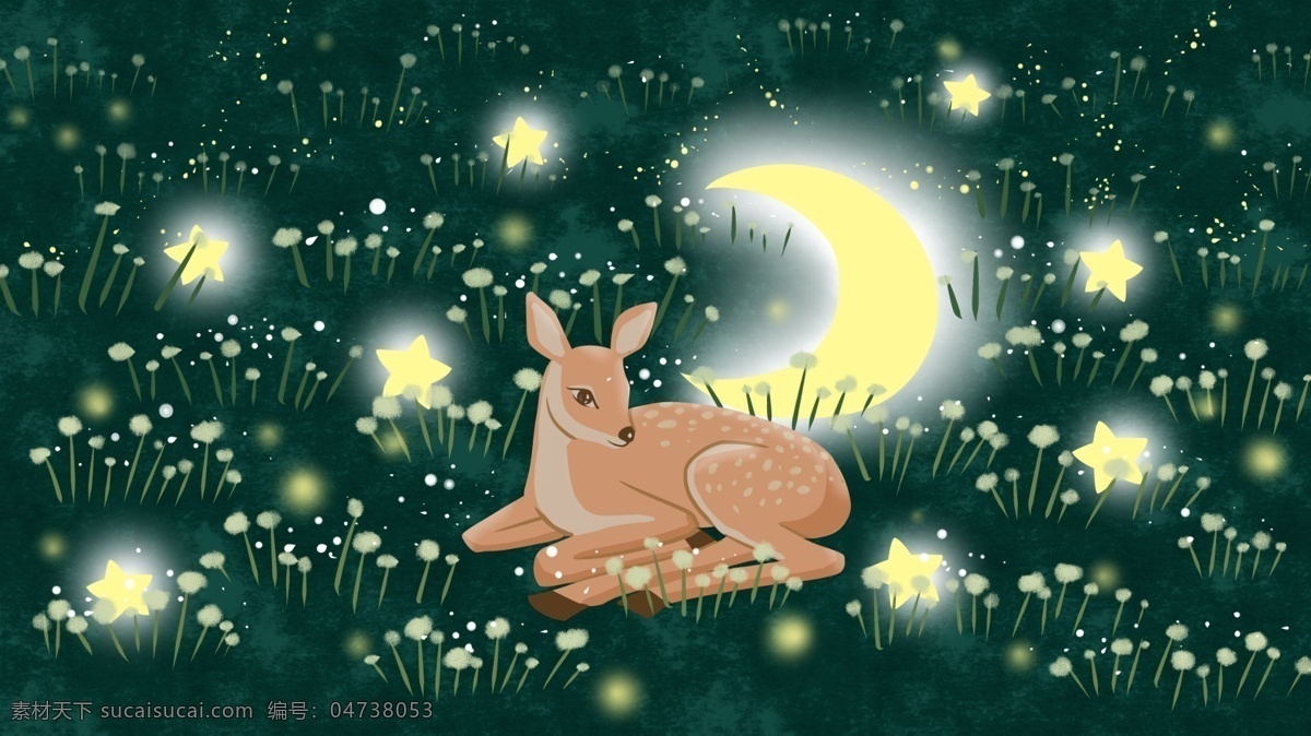 草丛 中 星星 月亮 为伴 小鹿 治愈 系 插画 森林 绿色 唯美 鹿 橘色 梅花鹿 植物 屏幕 手机屏 萤火虫 安静 夜晚 静谧 晚安