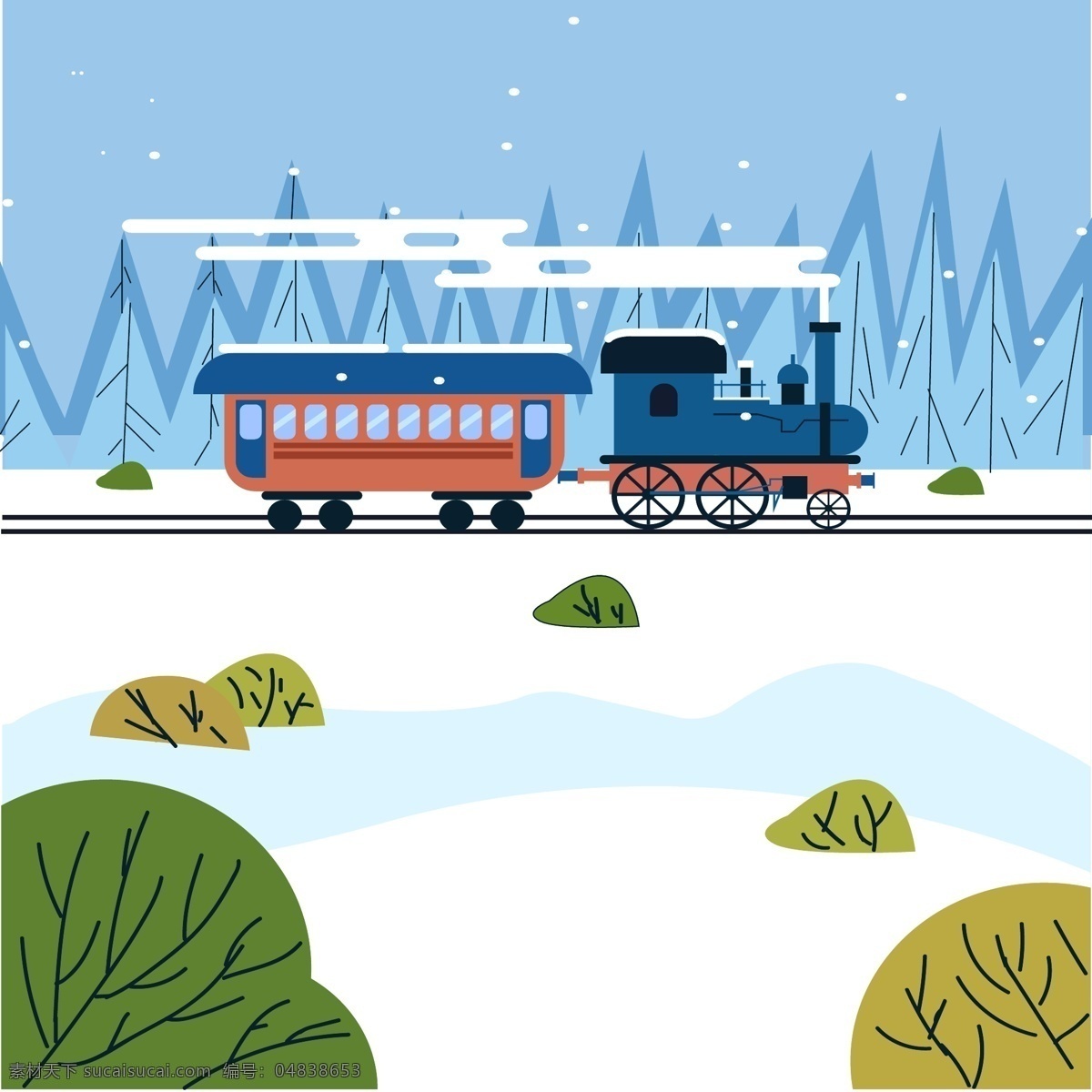 火车 卡通 雪地 冬天 绿植 动漫动画