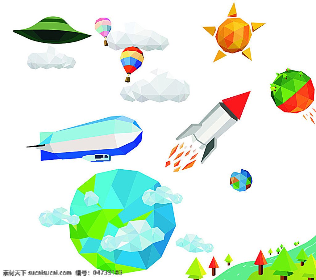 多边形 矢量 集合 飞船 ufo 热气球 地球 云朵 三角形 火箭 树木 河流 蓝天 白云 星球 宇宙飞船 太阳 飞行器 动漫动画 风景漫画 白色