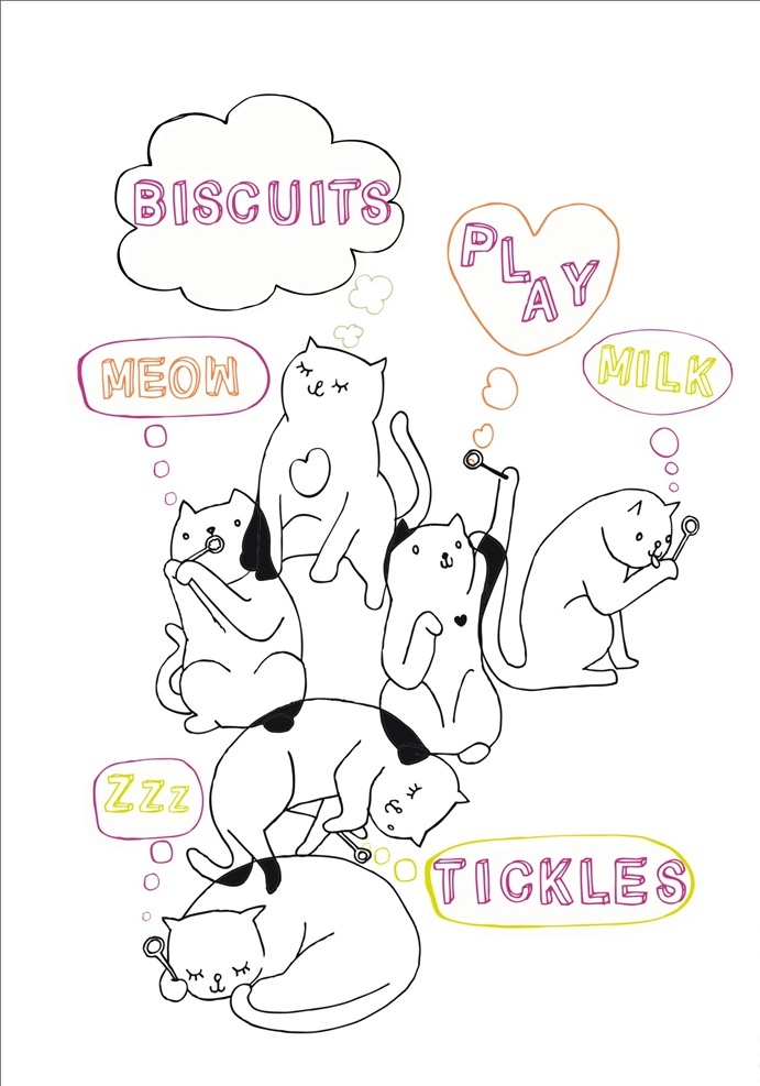 卡通猫图案 猫 卡通猫 泡泡 吹泡泡 手绘猫 做梦 睡觉 字母 小清新 黑白相间的猫 想象 服装设计