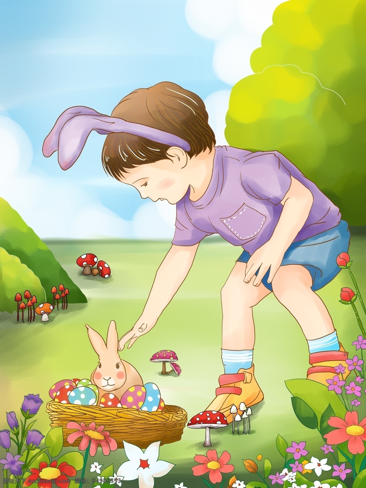 复活节 小 男孩 兔子 窝 里 捡 彩蛋 手绘 插画 花丛 手绘蘑菇 蓝天草地
