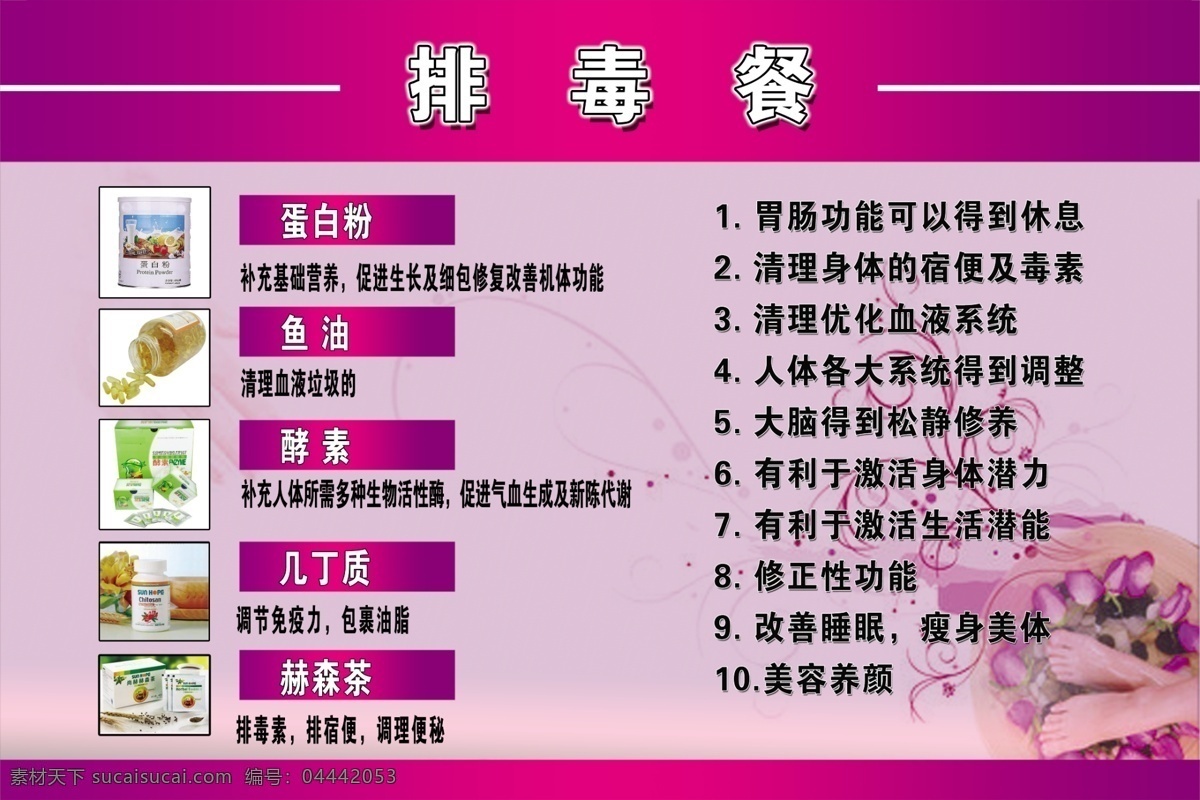 排毒餐 蛋白粉 鱼油 酵毒 几丁质 赫森茶 美容
