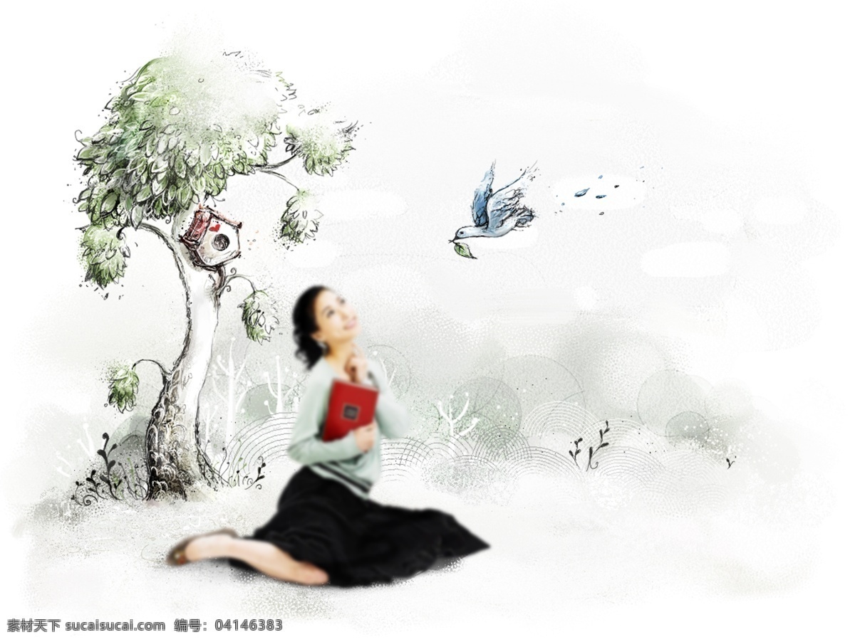 大树 小鸟 插画 美女 分层 韩国素材 krtk 创意设计 人物 女孩 手绘 树木 鸟巢 书本 书籍 圆圈 圆形 圆环 黑色 红色 白色