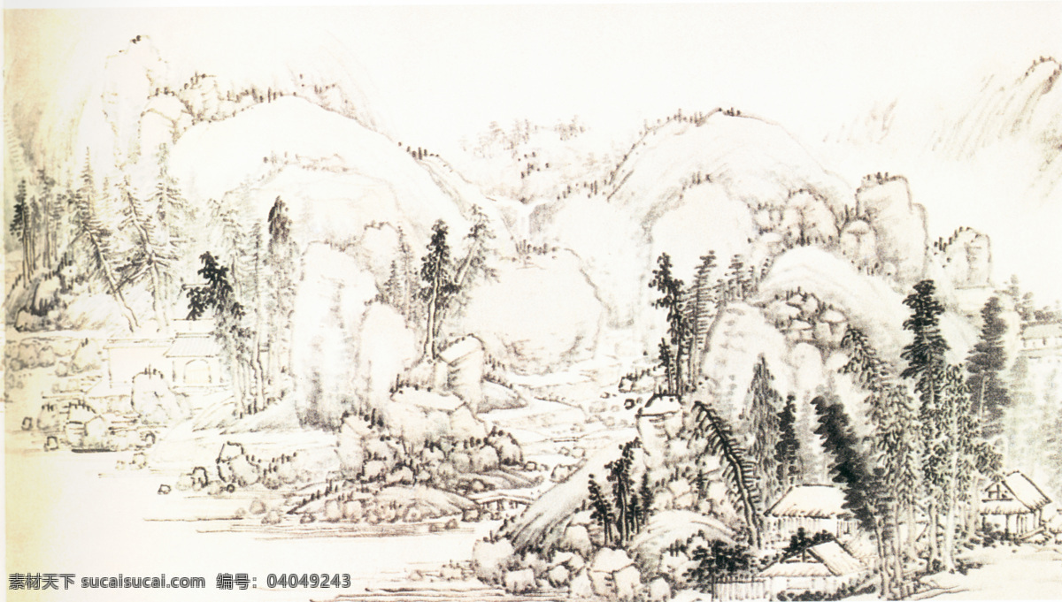 山水 名画 书画 西山 爽气 图 二 古画 山水画 书画真迹 中国水墨画 西山爽气图 名家张宏 文化艺术
