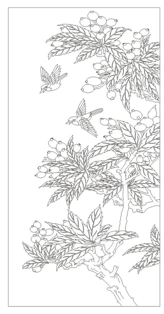 艺术玻璃 矢量图 小鸟 火龙果 树 背景图案 传统工艺图案 白描图 挂画 彩雕上色 线条图