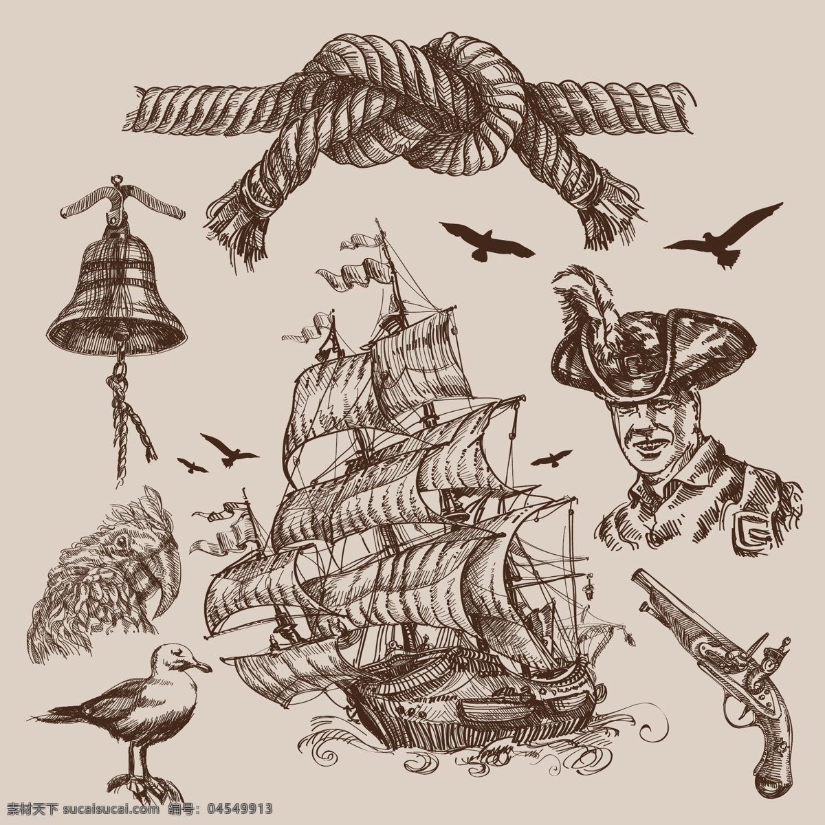 手部 海洋 图案 矢量 帆船 海鸟 手绘 手枪 钟 麻 矢量图 其他矢量图