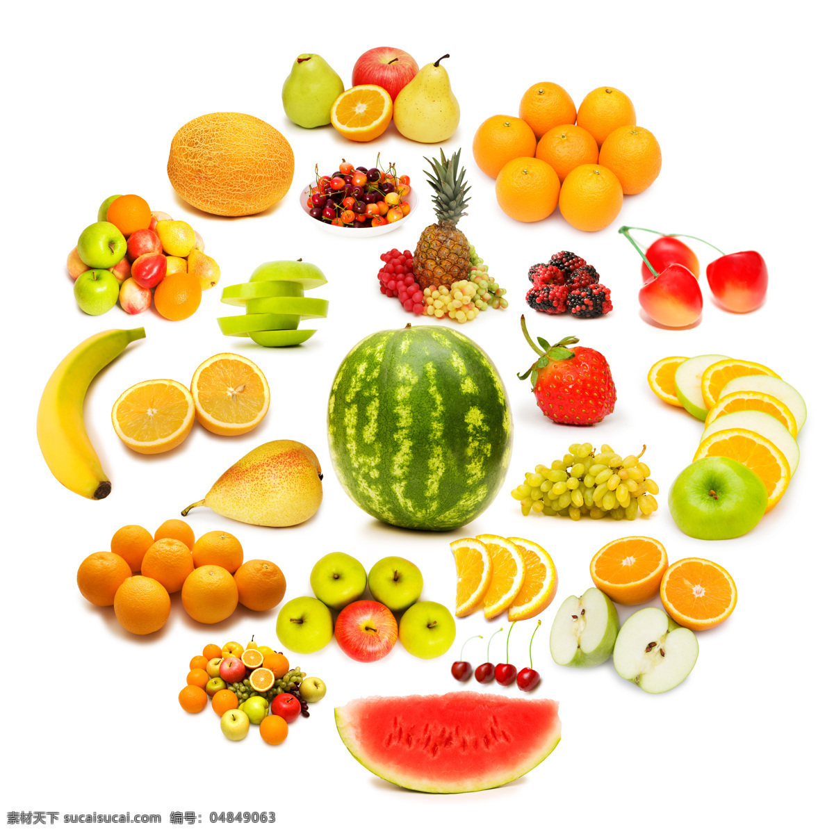 各种水果 食物 美食 可口 好味道 圆形 水果 西瓜 橙子 香蕉 水果蔬菜 餐饮美食 白色