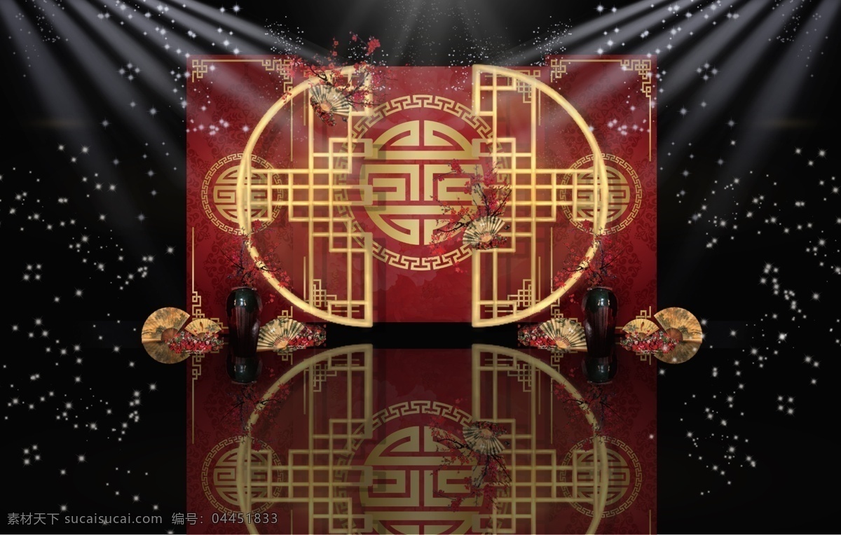 红色 中式 迎宾 区 效果图 屏风素材 折扇素材 花瓶素材 梅花素材 喜字矢量 中国 传统 婚礼