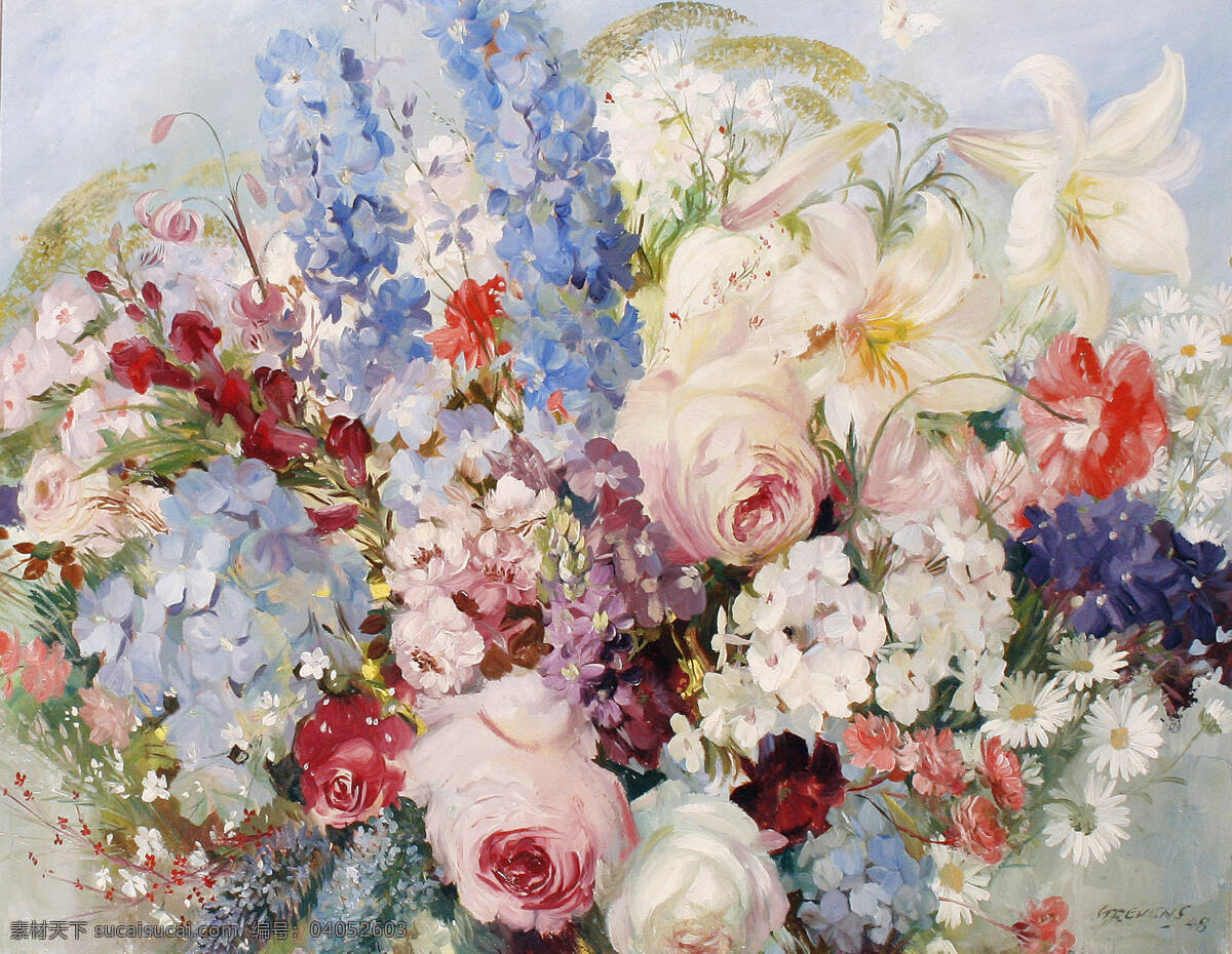 斯特雷 文斯 作品 约翰183 英国画家 静物鲜花 混搭 玫瑰 百合 绣球 满天星 康乃馨 19世纪油画 油画 文化艺术 绘画书法