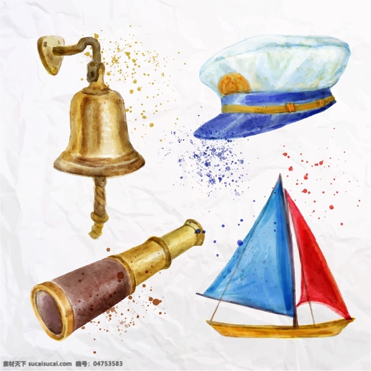 手绘航海用品 水彩 手绘 航海 用品 帆船