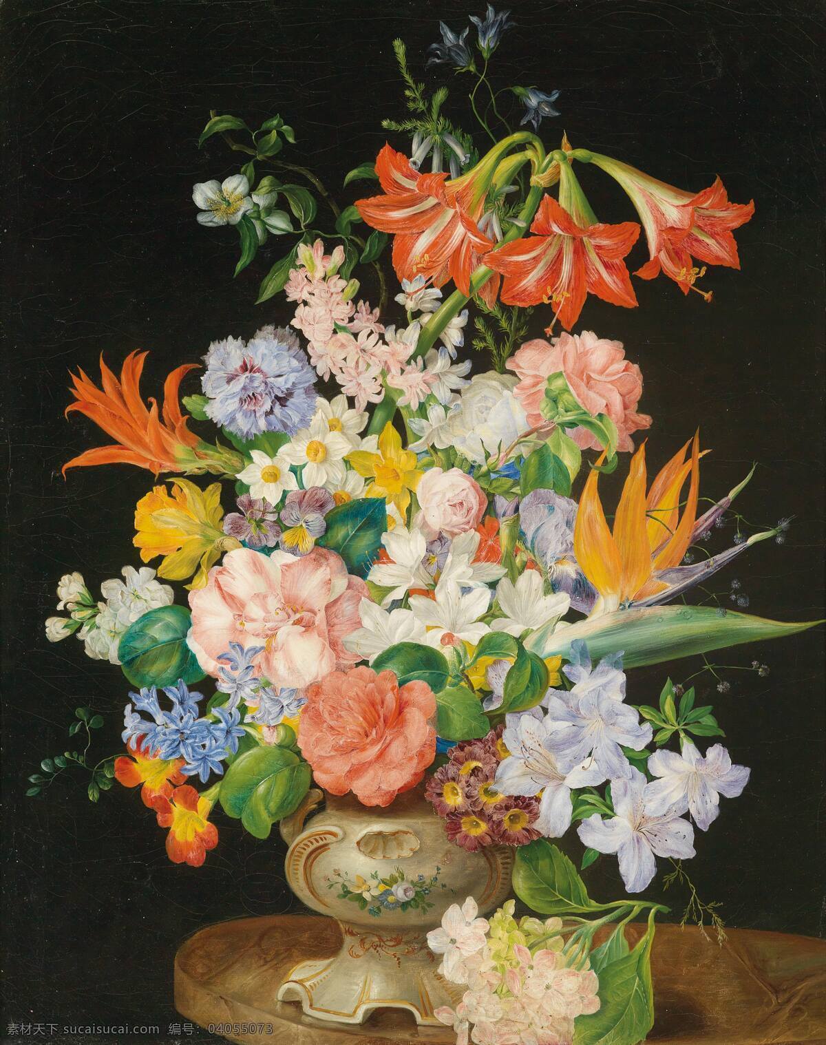 静物鲜花 混搭鲜花 永恒之美 欧式花瓶 台子 花卉 20世纪油画 油画 绘画书法 文化艺术