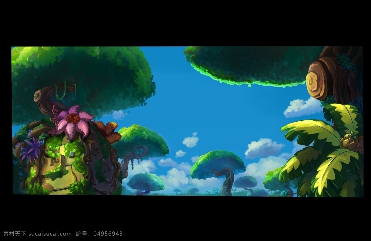 动画 背景 分层 树 远景树 植物 花 蓝天 白云 树干 石碑 巨石 叶子 场景 自然