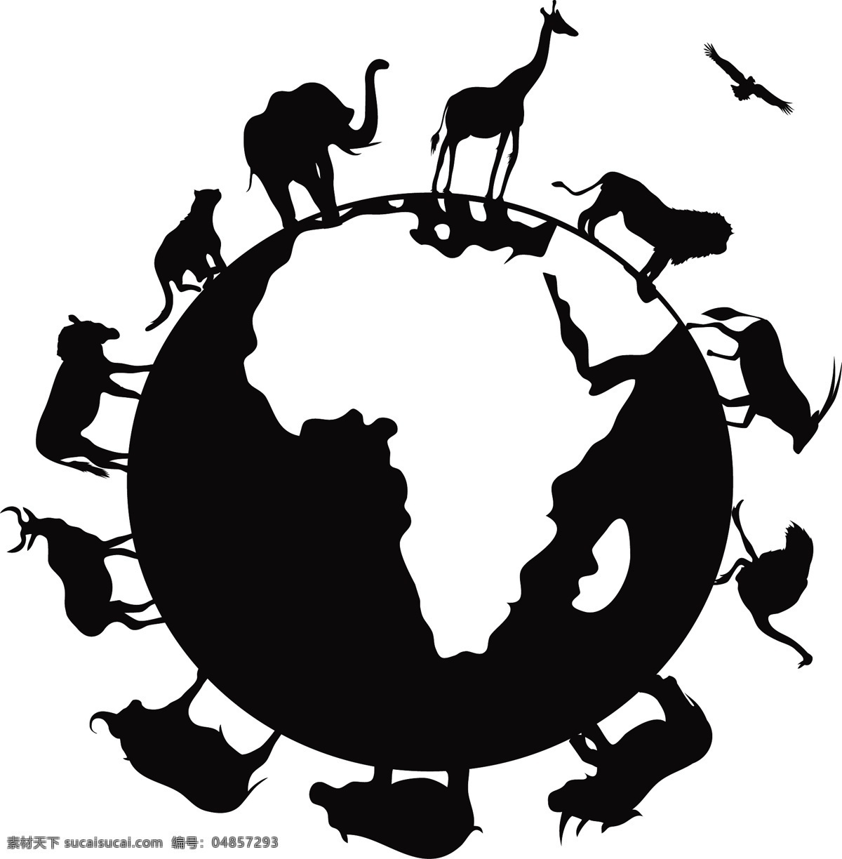 手绘 动物 地球 元素 黑白 地图 世界 环绕 矢量