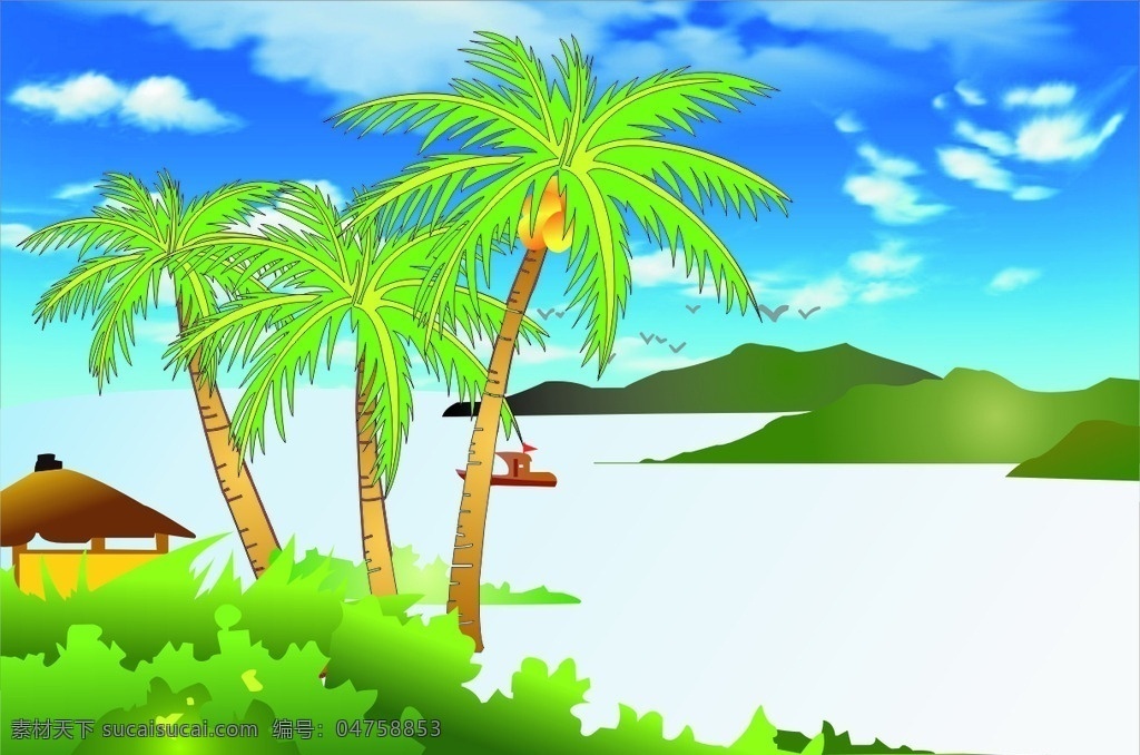 海边椰子树 海边 椰子树 椰子 船 蓝天白云 小丘 亭子 椰果 椰树 草地 岸边 清凉夏日 大海 自然景观 自然风光