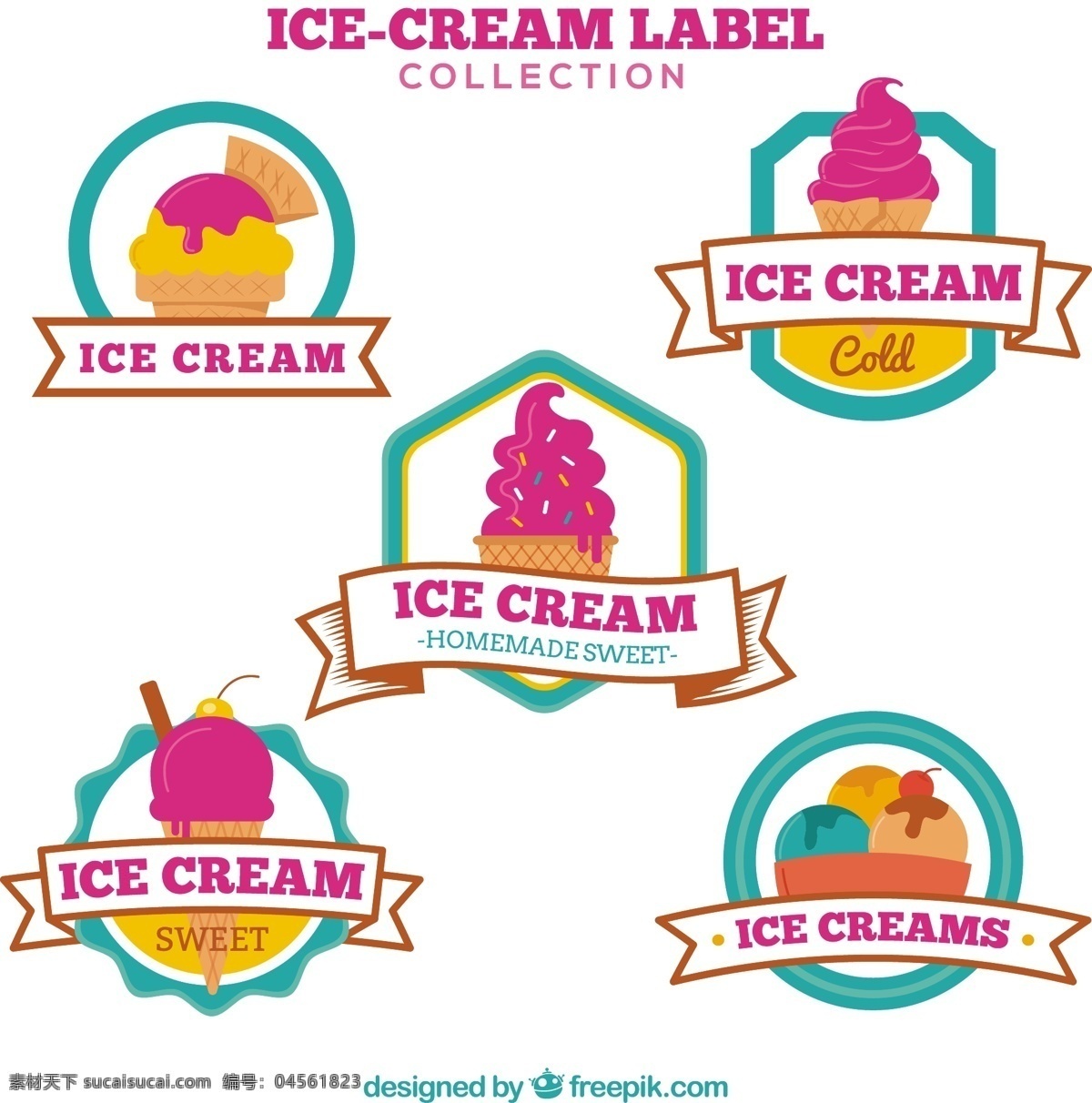 平 冰淇淋 五 装饰 贴纸 选择 采购产品食品 丝带 标签 夏天 颜色 冰 甜 平面设计 甜点 奶油 吃 季节 食品标签 美味
