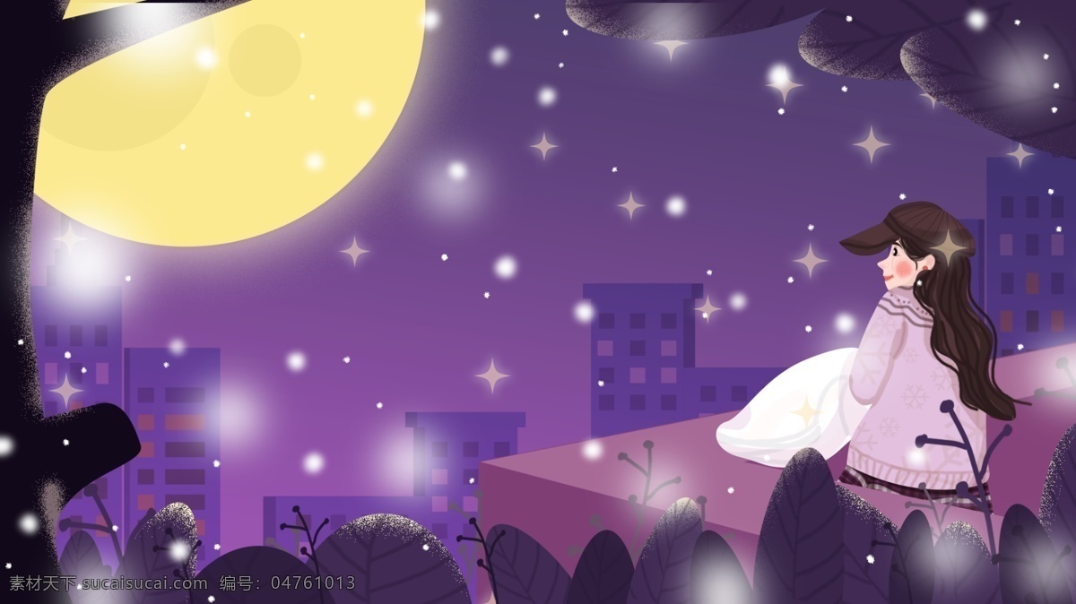 原创 晚安 世界 阳台 上 看 月亮 女孩 星星