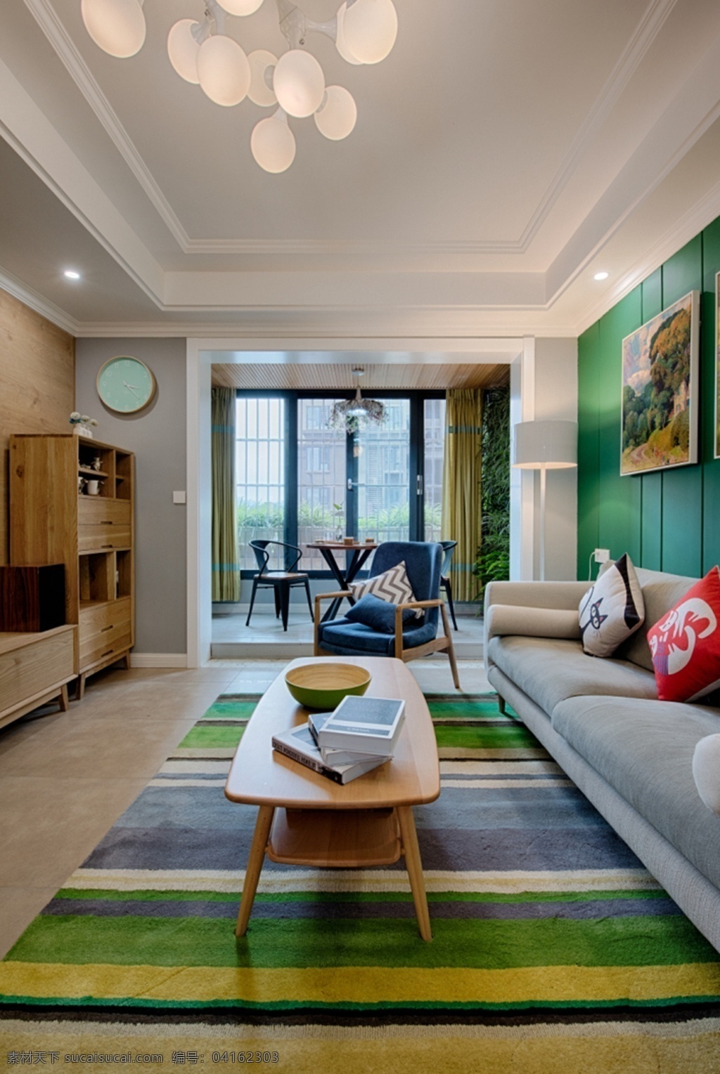 现代 时尚 客厅 灰色 绒 质 沙发 室内装修 效果图 灰色沙发 客厅装修 绿色背景墙 绿色条纹地毯