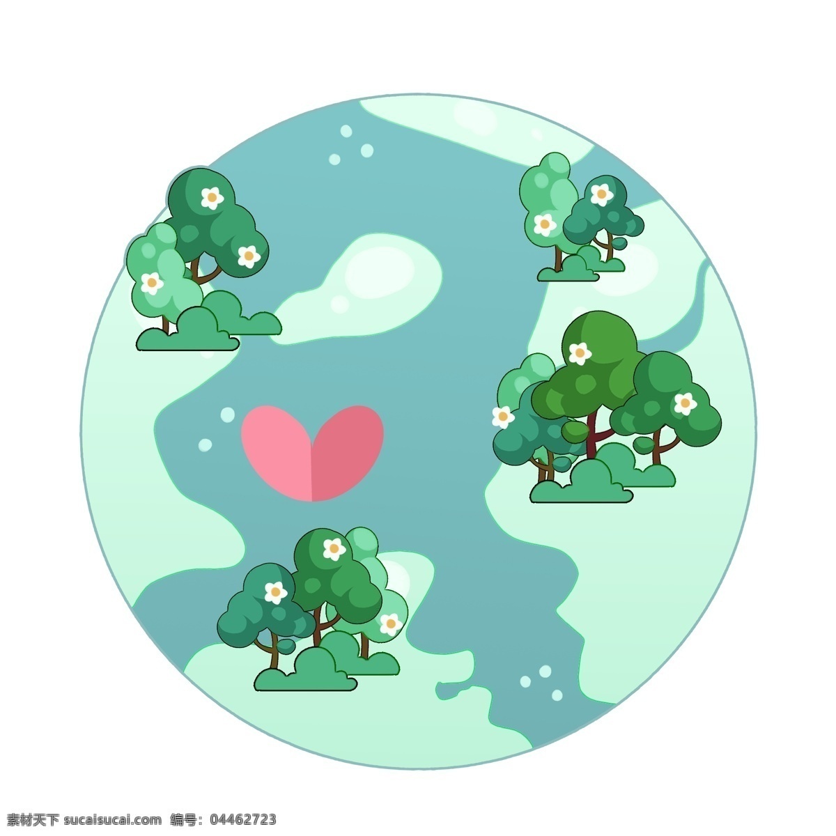 手绘 地球日 冬季 插画 冬季的地球 下雪的地球 卡通插画 地球 海洋 大陆 云朵 手绘插画 绿色的小树