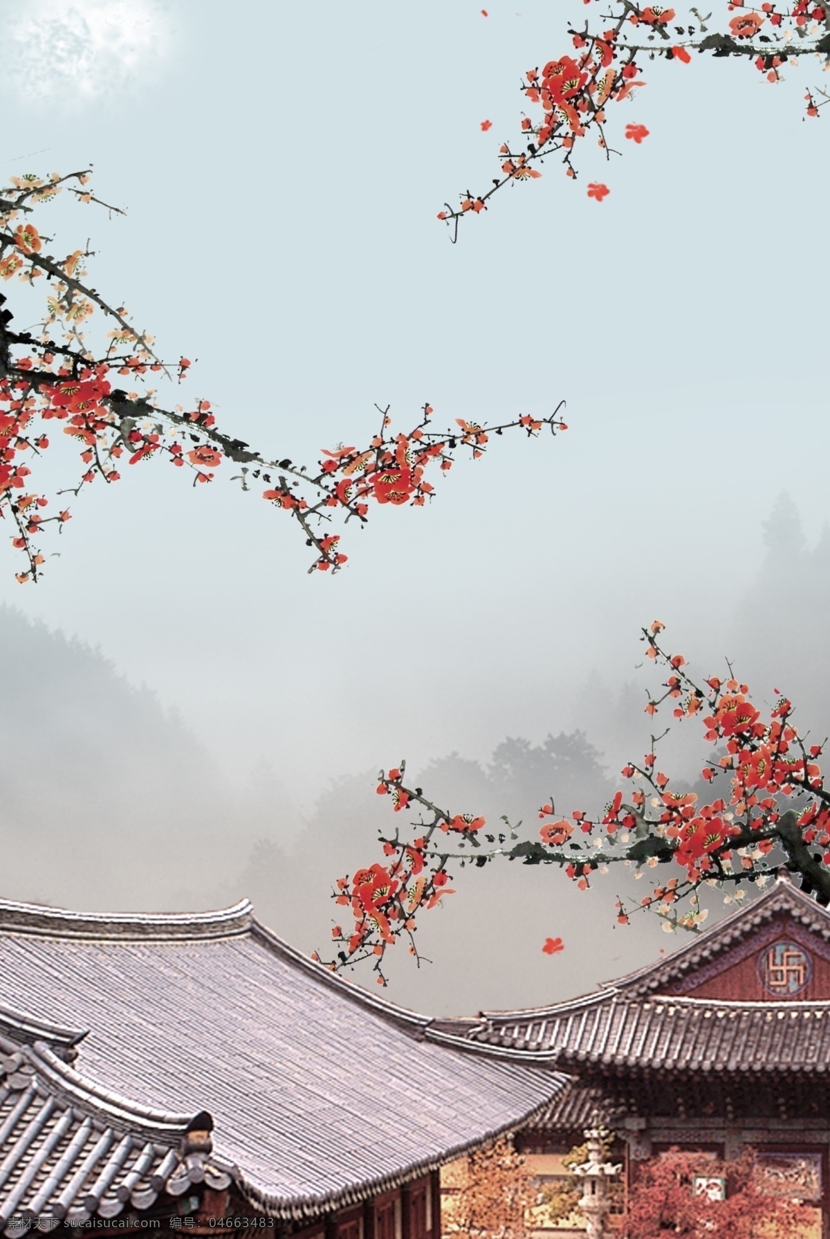 莫 兰迪 梅花 古 院落 海报 莫兰迪 简约 高端 大气 古院落 中国风 远山