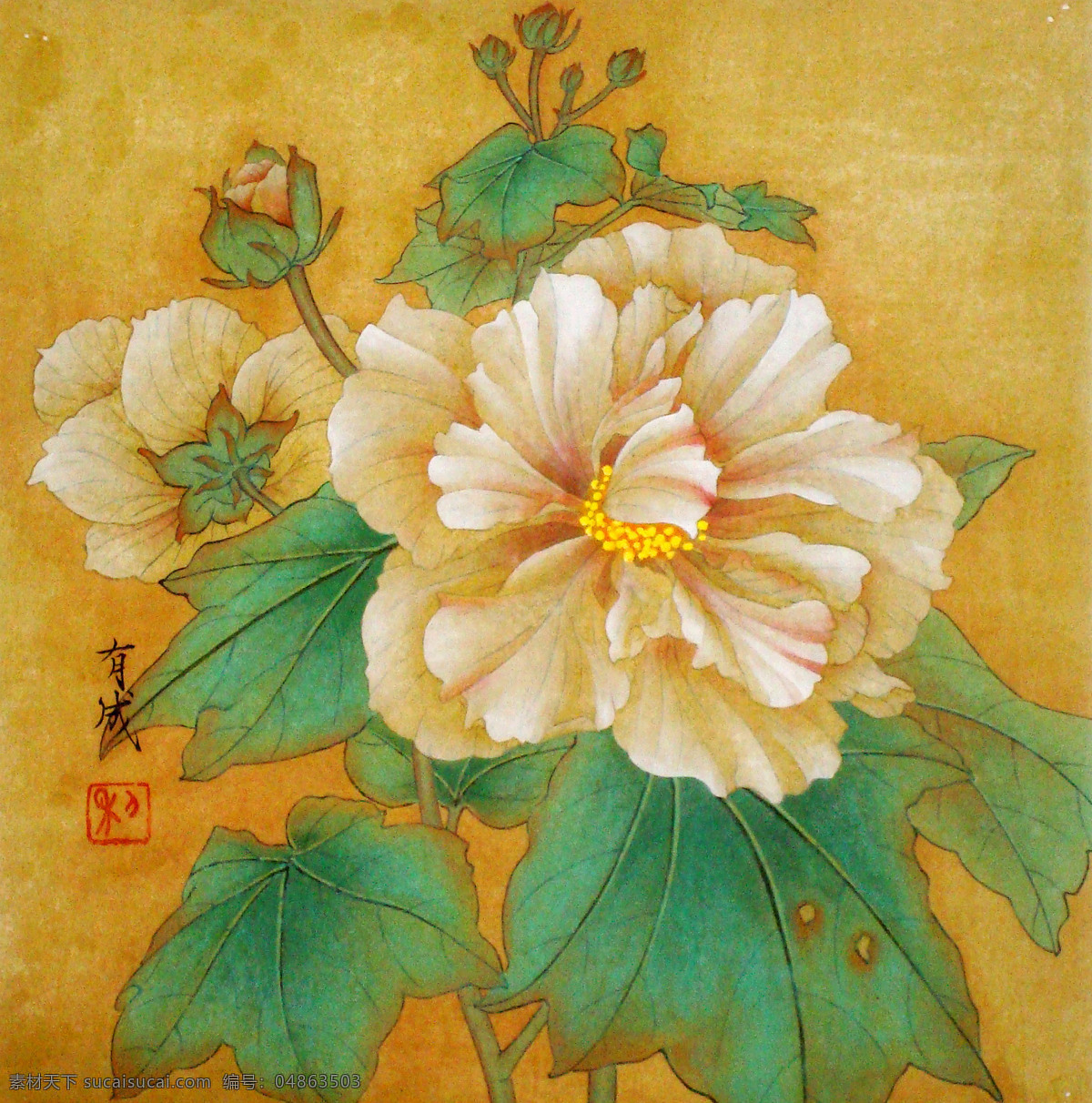 芙蓉花开 美术 中国画 工笔重彩画 花朵 芙蓉花 国画艺术 体育运动 文化艺术