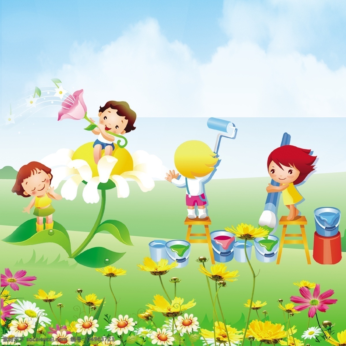 卡通 孩童 油漆桶 花朵 音符 白云 卡通孩童 花朵音符 白云素材