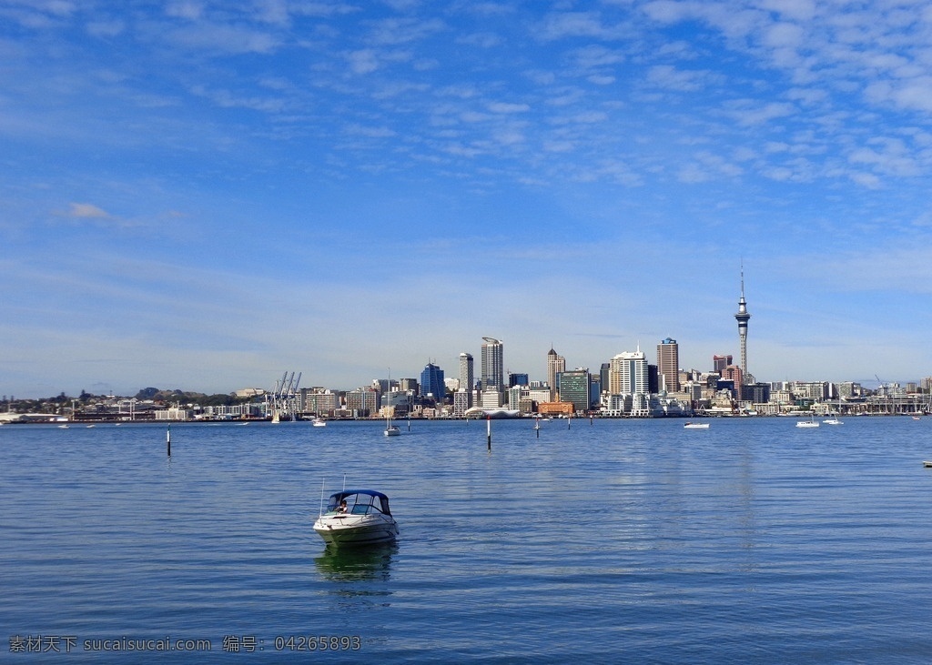 新西兰 海滨 风景 天空 蓝天 白云 城市远景 天空塔 高楼 建筑群 港口 大海 海水 游艇 风光 旅游摄影 国外旅游