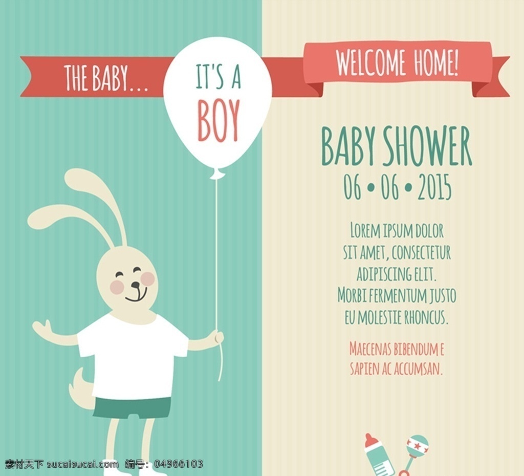 迎 婴 派对 邀请 卡 条幅 兔子 丝带 气球 男孩 迎婴 矢量 高清图片