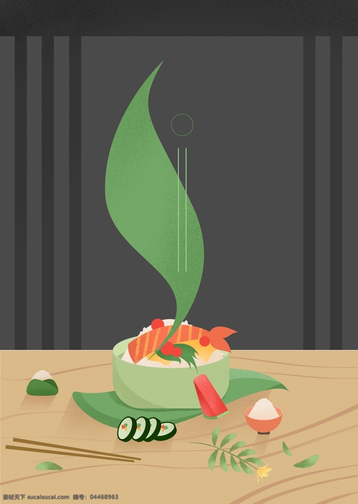 手绘 日式 食物 广告 背景 清新 植物 树叶 寿司 简约 广告背景 日料 筷子