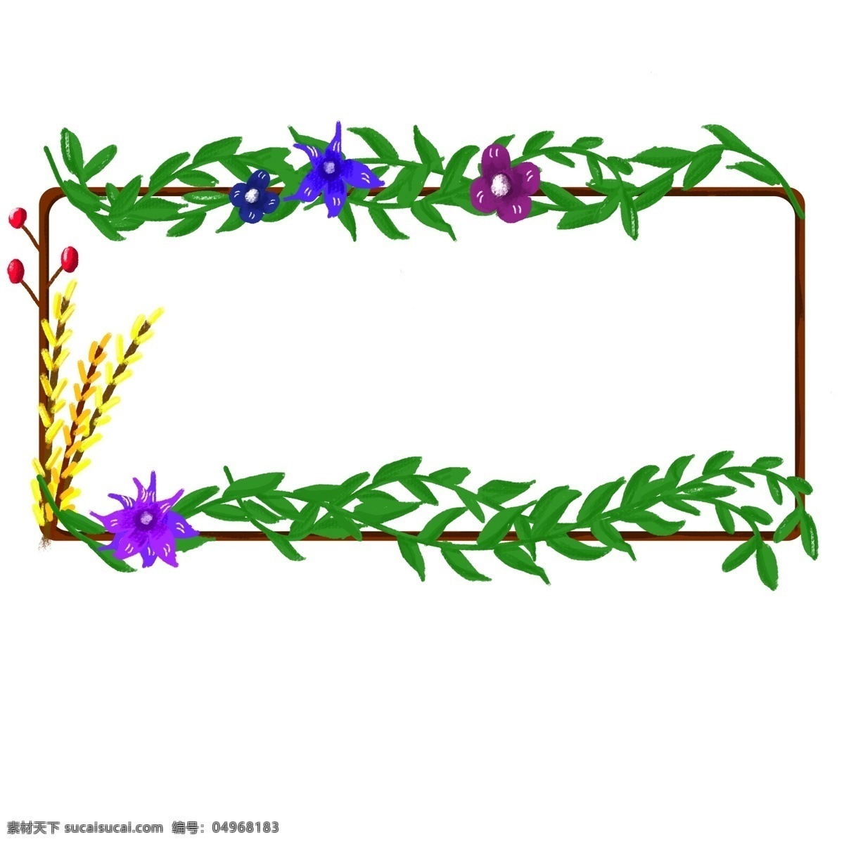 手绘 绿色 花环 清新 叶子 植物 长方形 框 边框 小清新 花朵 文本框