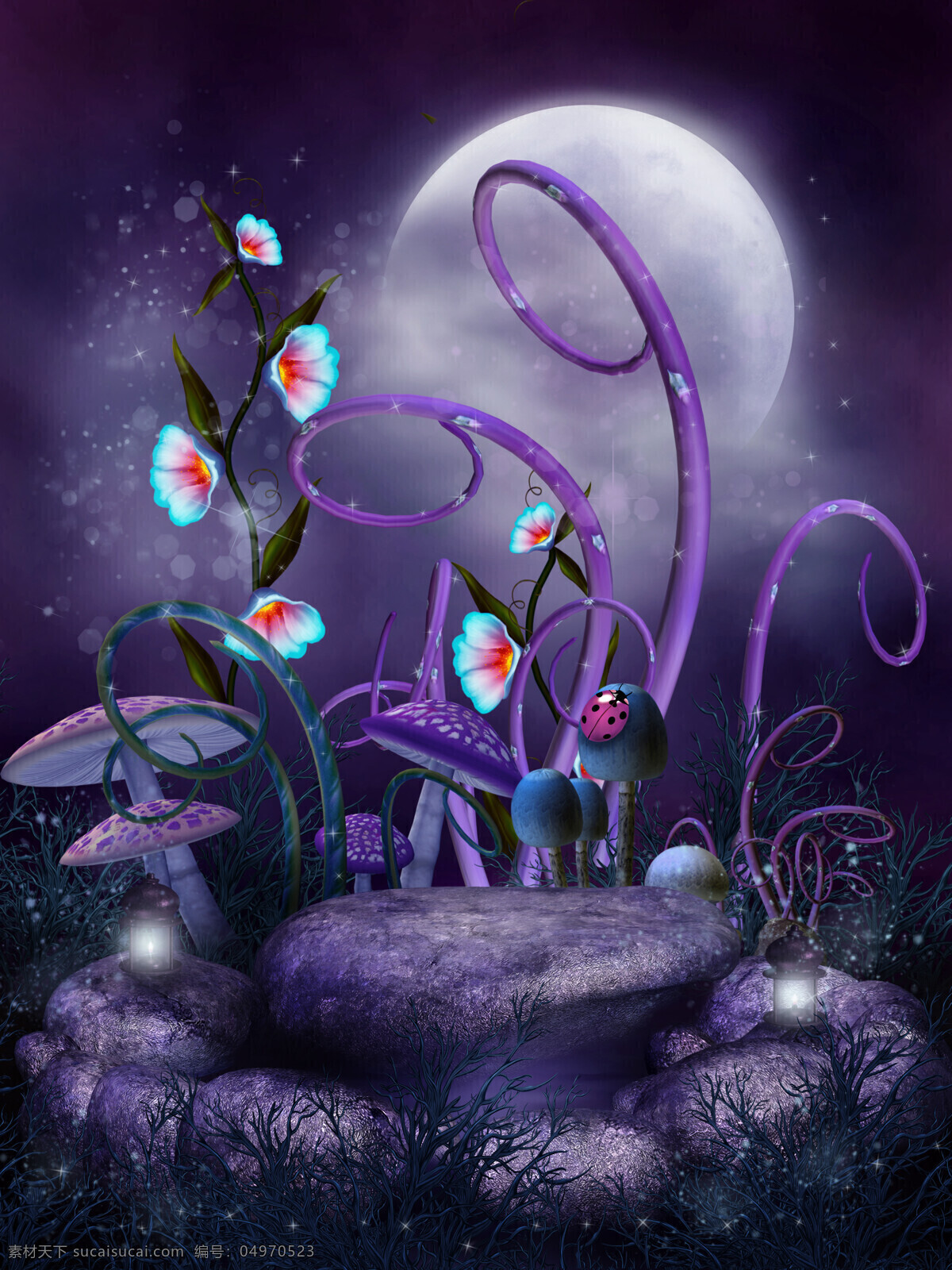 梦幻风景 插画风景 卡通风景 鲜花 蘑菇 月亮 自然风景 自然景观 黑色