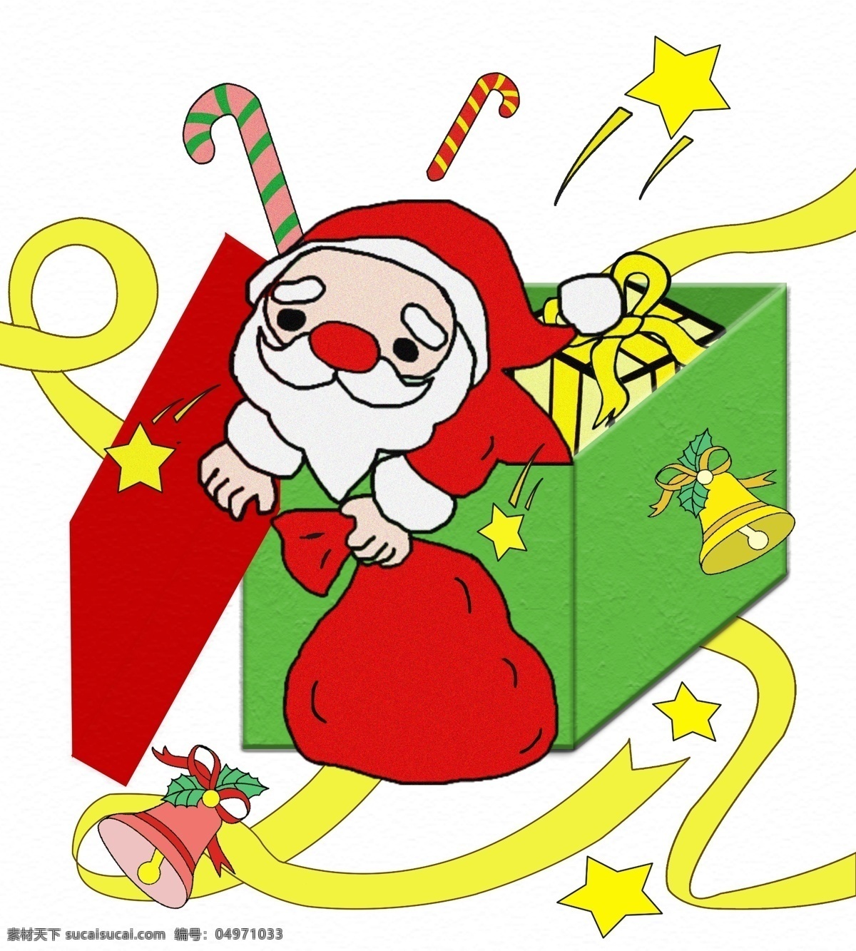 彩色 圣诞 盒子 圣诞老人 元素 铃铛 彩带 圣诞元素 打开的盒子 拐杖糖果