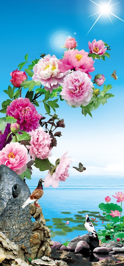 海上 牡丹 石头 玄关 分层 3d 花卉 花鸟 荷花 仙鹤 玄关背景墙 背景墙系列